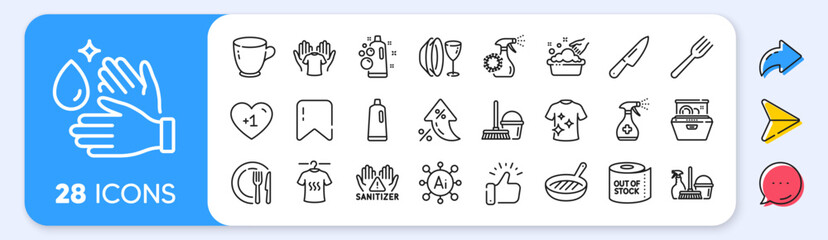 Shampoo, Hand washing and Wash hands line icons. Interest rate, AI generate, Inflation icons. Pack of Toilet paper, Household service, Clean t-shirt icon. Knife, Dish, Clean hands pictogram. Vector