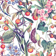 A tropical seamless pattern with orange fruits, orchid flowers, milkweed, and Lagerstroemia. Botanical wallpaper with exotic plants, hand-painted in watercolor.