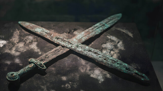 constancies. Two ancient bronze swords with complementary patina on a dark surface. event programs, museum guides, designed for cultural heritage projects and event programs.