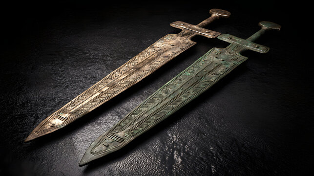 constancies. Two ancient bronze swords with complementary patina on a dark surface. event programs, museum guides, designed for cultural heritage projects and event programs.