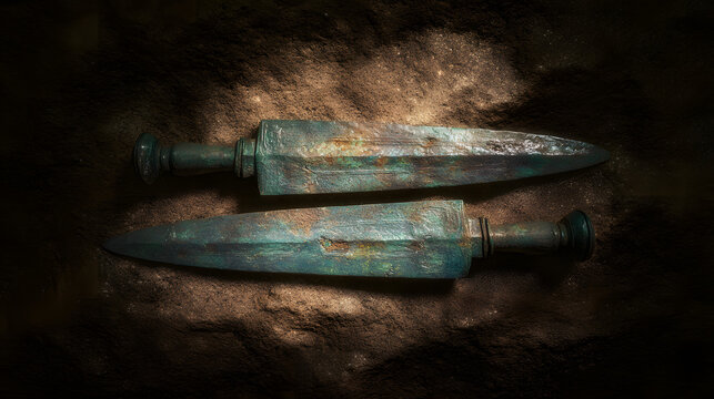 constancies. Two ancient bronze swords with complementary patina on a dark surface. event programs, museum guides, designed for cultural heritage projects and event programs.