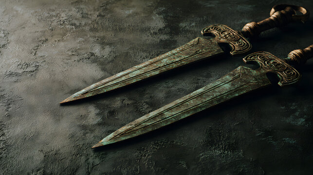 constancies. Two ancient bronze swords with complementary patina on a dark surface. event programs, museum guides, designed for cultural heritage projects and event programs.