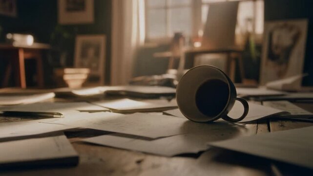 A cluttered desk with a fallen coffee mug amidst scattered papers and documents in a dimly lit home office with natural light pouring in through a window