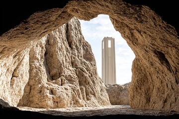 Cave opening framing a modern tower in a desert landscape