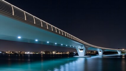 Futuristic pedestrian bridge curving over calm water at night