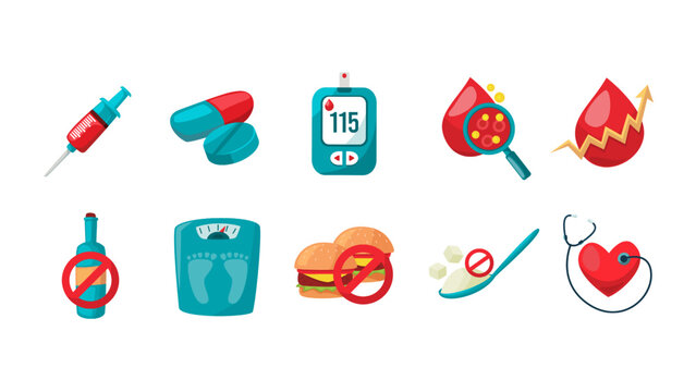 Diabetes management and prevention icons set.
