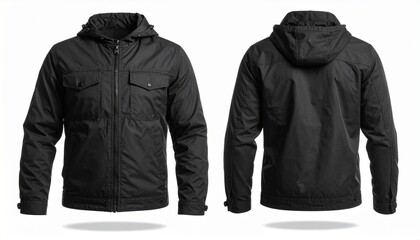 Black utility jacket with high collar, zip front, flap pockets, and clean back view.