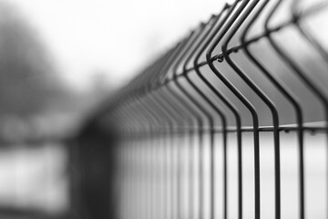Repeating fence curves fading into blur after autumn rain 