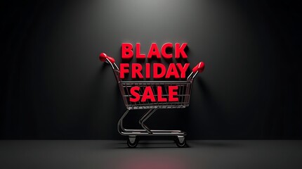 Captivating black friday sale advertisement with glowing red text and a sleek shopping cart