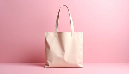 Plain canvas tote bag with two handles hanging against a pink background.