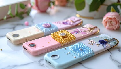 Fototapeta premium Elegant and feminine mobile phone cases adorned with delicate floral and jewel embellishments