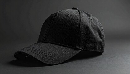 Black baseball cap with curved brim and visible stitching on dark background with dramatic lighting.