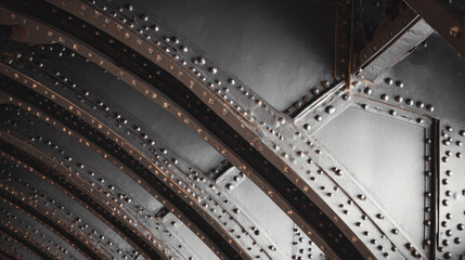Naklejka premium Close-up abstract view of a dark metallic truss structure with rivets