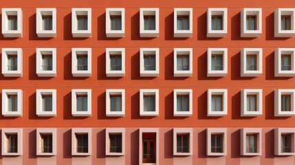 Orange building facade with rows of white framed windows casting shadows