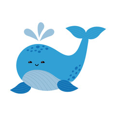 Hand-drawn whale. Cute happy baby whale. Isolated vector illustration on a white background.