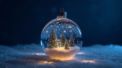 A magical christmas ornament with a miniature winter wonderland inside glowing on a snowy night