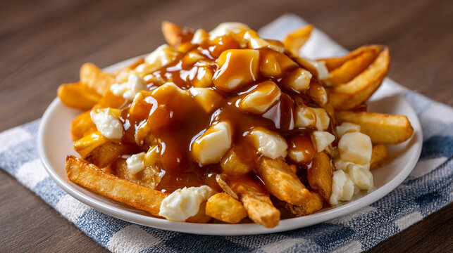 A plate of delicious poutine with crispy fries cheese curds and savory gravy on a rustic wooden table