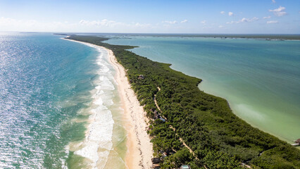 Sian Kaan Biosphere Mexico Beautiful beach with a green forest in the background. The ocean is calm and the sky is clear