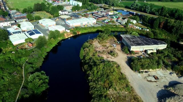 Low slow aerial flight over Yorkshire countryside toward boatyard on Aire and Calder Canal