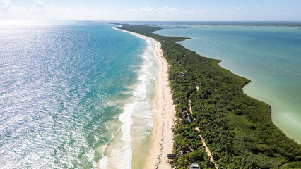 Sian Kaan Biosphere Mexico Beautiful beach with a green forest in the background. The water is calm and the sky is clear