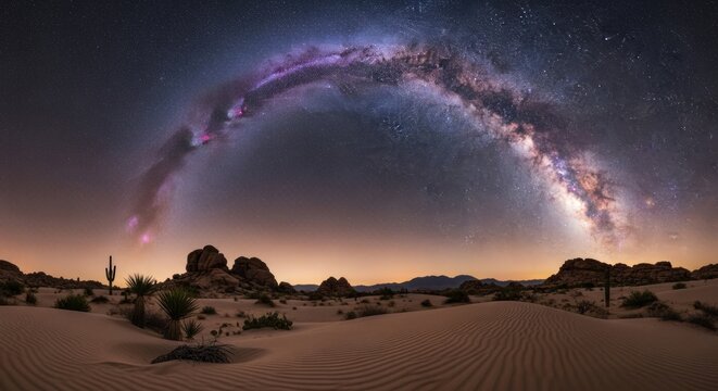Desert night canvas cosmic spectacle panoramic view showcasing milky way above the landscape - Powered by Adobe