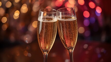 Cheers with two elegant champagne flutes clinking in a festive bokeh background