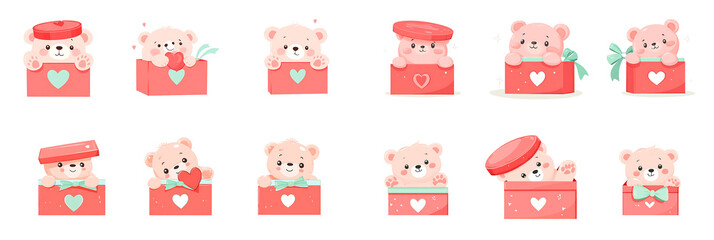 Teddy bear in gift box icon set, 12 adorable hand drawn doodles of bears popping out of boxes for social media stickers, scrapbooking and UI design.