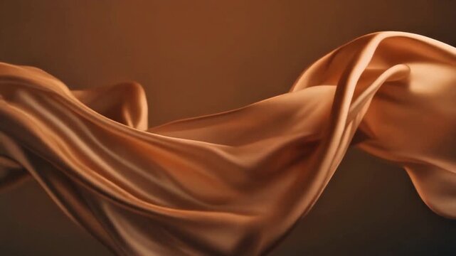 A flowing piece of brown fabric waves gently against a dark brown gradient background with soft warm lighting