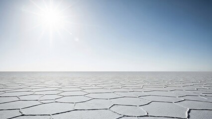 넓은 소금 평원, 밝게 빛나는 하늘 아래