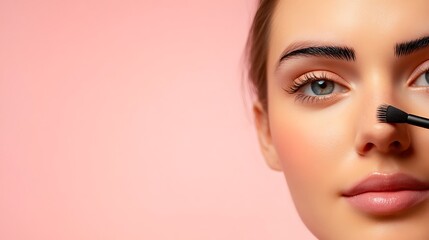 Fototapeta premium Close up of a young woman's face applying makeup with a brush on her nose, soft pink background, natural beauty and skincare concept