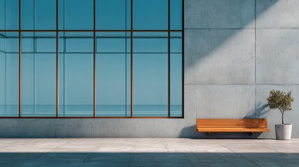 Minimalist Exterior Scene with Bench and Modern Architectural Elements