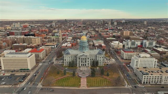 Aerial Drone Reverse of Colorado state capitol Building in Denver Colorado