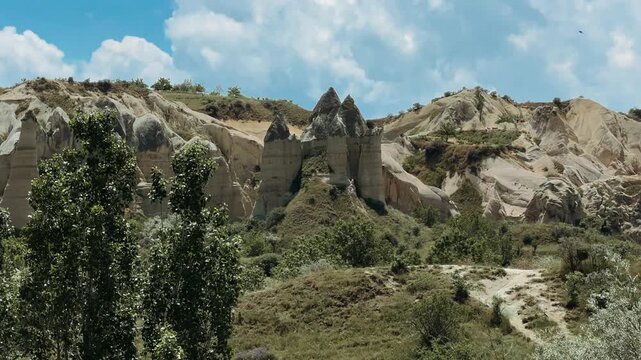 The Valley of Love in Goreme National Park. Unique rocks of various shapes. Sandstone cliffs. The wonders of Cappadocia are rock formations. The unusual shapes of the rocks are the property of Turkey.