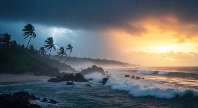 Dynamic interplay of storm clouds, sunlight, and coastal drama at tropical island - Powered by Adobe