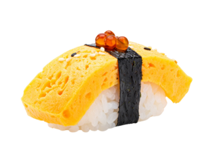 Tamagoyaki Sushi Nigiri with Ikura and Nori.