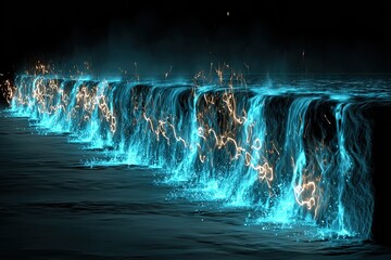 Luminous waterfalls illuminate dark depths with ethereal glow