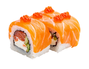 Delicious Salmon Sushi Rolls with Caviar Topping.