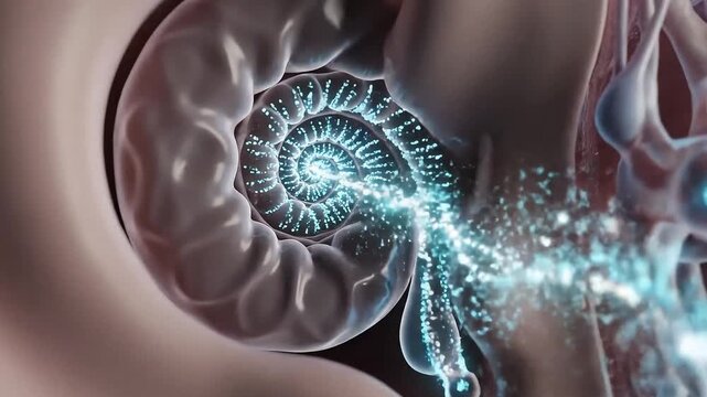 Dynamic 3D illustration visualizing the intricate human inner ear's cochlea, showcasing glowing energy flow and sound perception