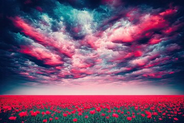 Red poppy field under dramatic pink & teal cloudy sky