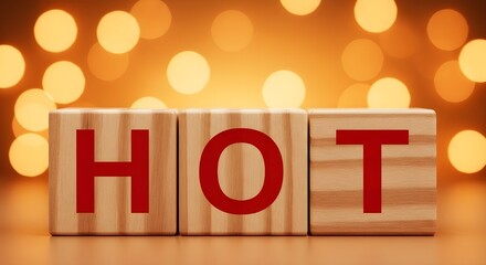 Wooden blocks spelling "HOT" with red letters on bokeh background