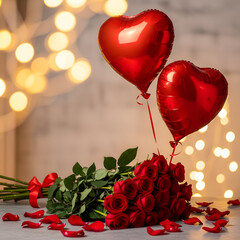 Red heart balloons and roses romantic setup