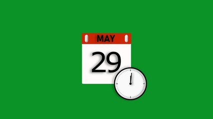 May month 29 date animation. Calendar and clock icon concept, on green background stunning 4k animation.