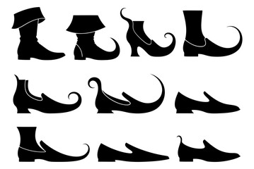 Set of medieval and fantasy shoe silhouettes with curled toes