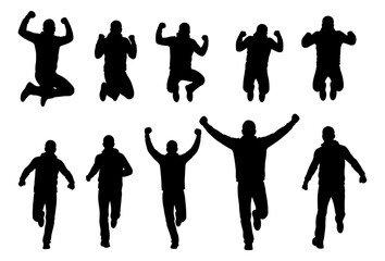 Set of happy men silhouettes jumping and running