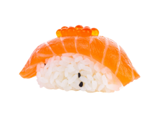 Delicious Salmon Nigiri Sushi with Ikura Roe on White Background.