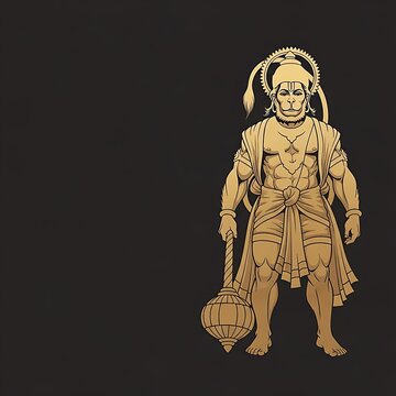 Golden Hanuman illustration with gada on black background