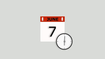 June month 7 date animation. Calendar and clock icon concept, on white background stunning 4k animation.