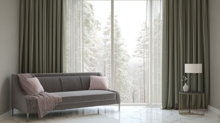 Modern interior living room with sofa window and decorative elements
