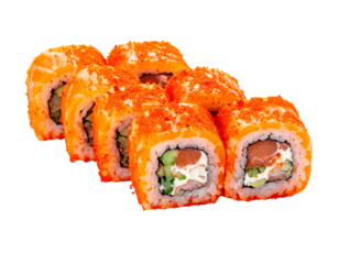 Delicious Salmon Sushi Rolls with Tobiko and Cream Cheese.