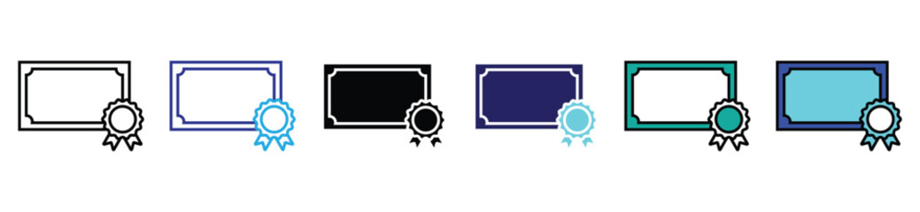 Certificate and Award Icons Set with Ribbon in Outline and Flat Style